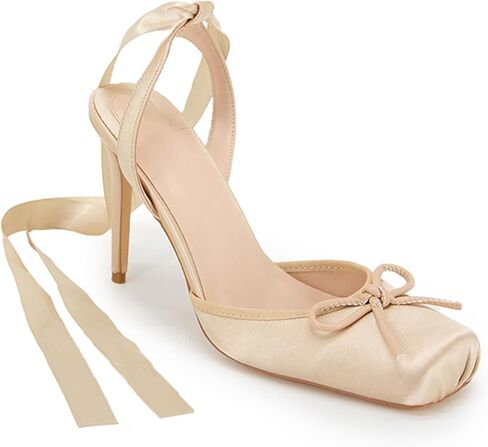 ساتان الباليه كعب الدانتيل حتى مغلق مربع أخمص القدمين الخنشة عالية القوس راقصة الباليه مضخ in Kuwait