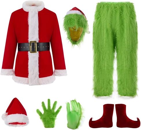 7PCS عيد الميلاد أزياء الوحش الأخضر الكبار فروي عيد الميلاد تأثيري حلي سانتا الزي مجموعات، M in Kuwait