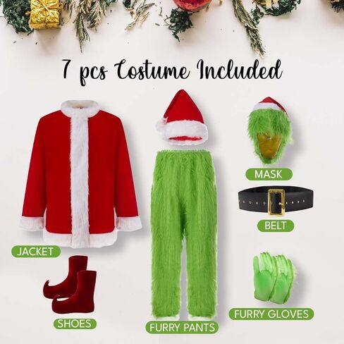 7PCS عيد الميلاد أزياء الوحش الأخضر الكبار فروي عيد الميلاد تأثيري حلي سانتا الزي مجموعات، M in Kuwait