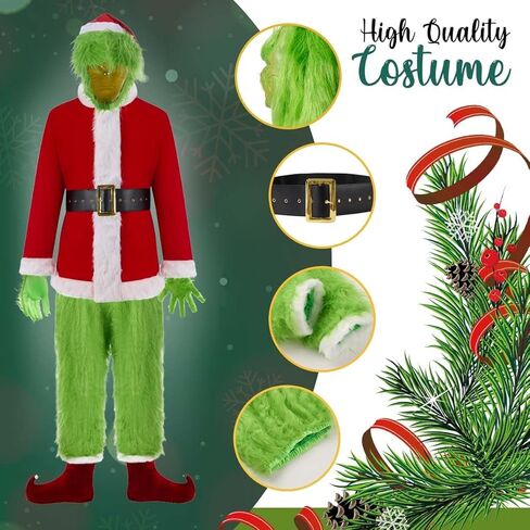 7PCS عيد الميلاد أزياء الوحش الأخضر الكبار فروي عيد الميلاد تأثيري حلي سانتا الزي مجموعات، M in Kuwait
