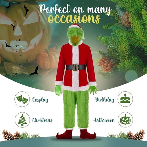 7PCS عيد الميلاد أزياء الوحش الأخضر الكبار فروي عيد الميلاد تأثيري حلي سانتا الزي مجموعات، M in Kuwait