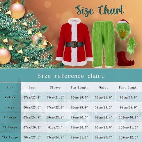 7PCS عيد الميلاد أزياء الوحش الأخضر الكبار فروي عيد الميلاد تأثيري حلي سانتا الزي مجموعات، M in Kuwait