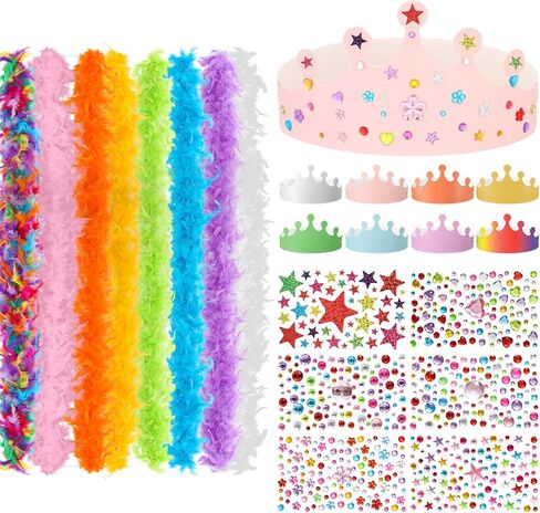 8 Pcs 6.6ft Feather Boas & 8 Paper Crowns with Stickers Dress up Party Kit for Mardi Gras Birthday Wedding Christmas Halloween Costume Decorations in Saudi Arabia