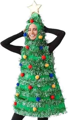 Women Christmas Tree Costume Sleeveless Hooded Dress with Colorful Ball Green Tinsel Adults Holiday Cosplay Outfit in Saudi Arabia