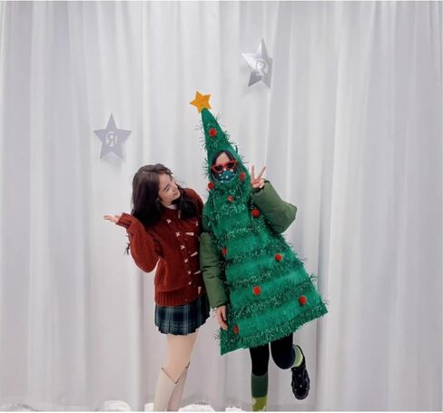 Women Christmas Tree Costume Sleeveless Hooded Dress with Colorful Ball Green Tinsel Adults Holiday Cosplay Outfit in Saudi Arabia