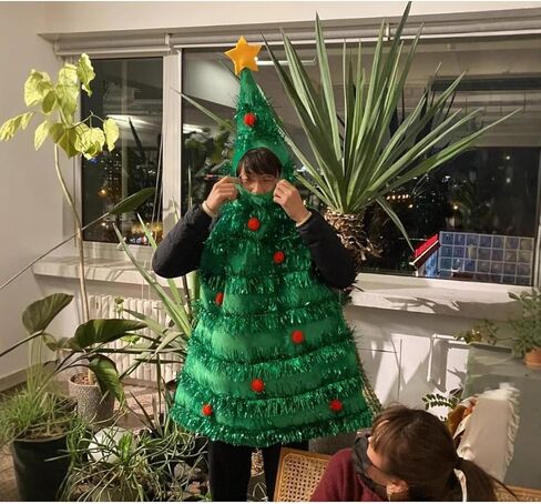Women Christmas Tree Costume Sleeveless Hooded Dress with Colorful Ball Green Tinsel Adults Holiday Cosplay Outfit in Saudi Arabia