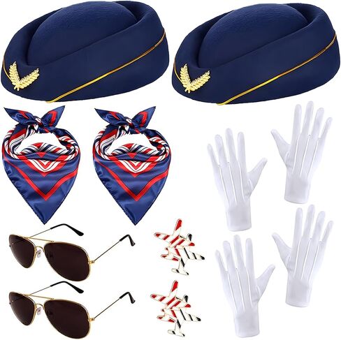 إكسسوارات زي مضيفات الطيران للسيدات، قبعة الطيار، وشاح، قفازات النظارات الشمسية للنساء in Kuwait