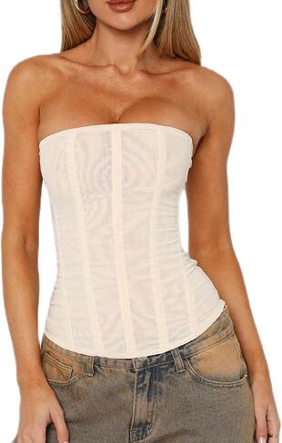 UAURORAO Women Mesh Renaissance Corset Top Strapless Back Zip Up Boned Bustier Tops Y2k Going Out Tube Bandeau Tops in Saudi Arabia