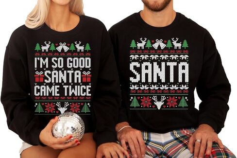 قمصان عيد الميلاد للأزواج - سترة سانتا المتطابقة للزوجين من I'm So Good Santa Came Twice - سترة قبيحة متطابقة للأزواج - - قميص Santa Came Twice - تي شيرت بيجامة لأزياء العطلات in Kuwait
