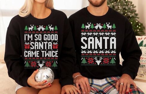 قمصان عيد الميلاد للأزواج - سترة سانتا المتطابقة للزوجين من I'm So Good Santa Came Twice - سترة قبيحة متطابقة للأزواج - - قميص Santa Came Twice - تي شيرت بيجامة لأزياء العطلات in Kuwait