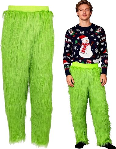 Mens Green Furry Pants Adult Christmas Funny Cosplay Costume Props Green Santa Costume Trousers for Men Women in Saudi Arabia