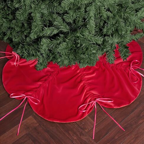 xo, Fetti Red Velvet Christmas Tree Skirt | 41" | Pinkmas Holiday Decorations, Merry Xmas Party Accessory, Girly Tree Stand Collar Blanket, Ruching Details in Saudi Arabia