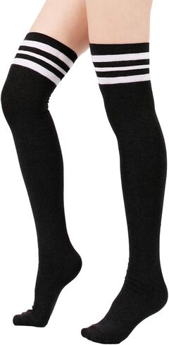 Zando Womens Stripes Thigh High Socks Thigh Highs Casual Knee High Stockings in Kuwait