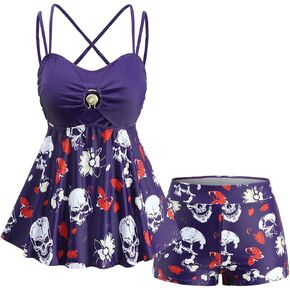 ROSE GAL Plus Size Women Goth Two Piece Bathing Suit Skull Floral Print Crisscross Back Flowy Tankini Swimsuit in Kuwait