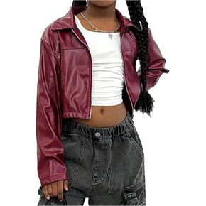 سترة للفتيات من الجلد الصناعي بسحاب وأكمام طويلة وياقة ملابس خارجية خفيفة الوزن in Kuwait