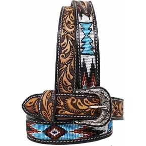 CHALLENGER 21-22 Kids Youth Western Rodeo Floral Tooled Beaded Leather Belt 26RT12C in Saudi Arabia