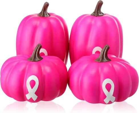 4 Pcs Breast Cancer Awareness Decorations Artificial Pumpkins Bulk Rose Red Faux Foam Pumpkins with Pink Ribbon Pattern for Fall Halloween Table Centerpieces Breast Cancer Party Decor in Saudi Arabia