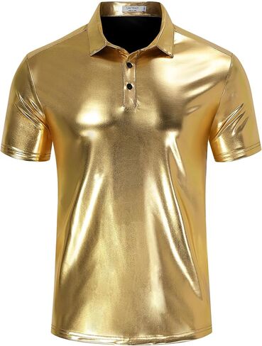 Men's Shirts Sequins Shiny Short Sleeve Polo Top Button Hipster Nightclub Party Prom Costume 70s t-Shirt in Saudi Arabia
