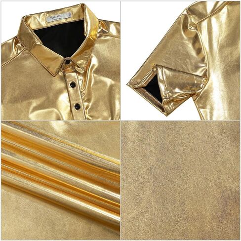 Men's Shirts Sequins Shiny Short Sleeve Polo Top Button Hipster Nightclub Party Prom Costume 70s t-Shirt in Saudi Arabia