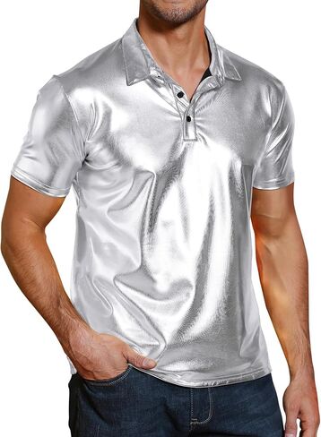Men's Shirts Sequins Shiny Short Sleeve Polo Top Button Hipster Nightclub Party Prom Costume 70s t-Shirt in Saudi Arabia