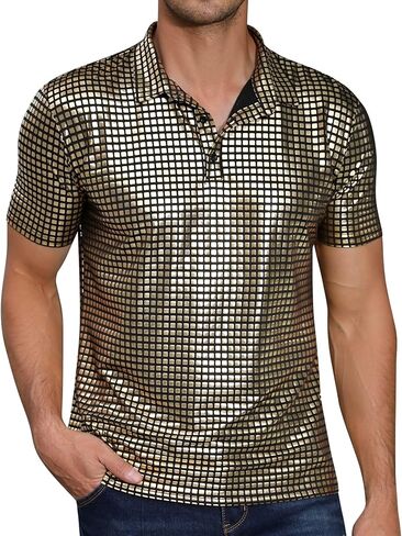 Men's Shirts Sequins Shiny Short Sleeve Polo Top Button Hipster Nightclub Party Prom Costume 70s t-Shirt in Saudi Arabia