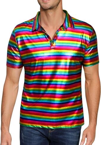 Men's Shirts Sequins Shiny Short Sleeve Polo Top Button Hipster Nightclub Party Prom Costume 70s t-Shirt in Saudi Arabia