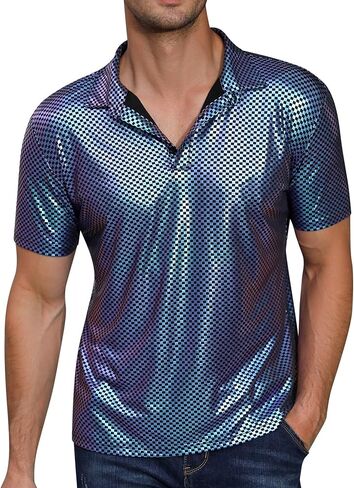 Men's Shirts Sequins Shiny Short Sleeve Polo Top Button Hipster Nightclub Party Prom Costume 70s t-Shirt in Saudi Arabia