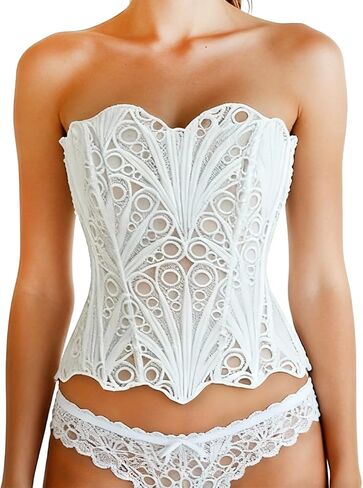 bslingerie Women Lace Trim Floral Sheer Lace Up Patchwork Bustier Corset Top in Saudi Arabia