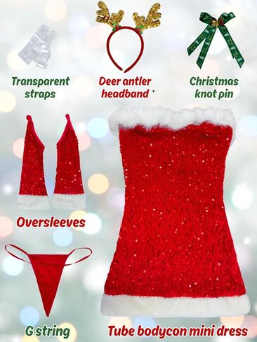 ملابس سانتا المثيرة، فساتين العطلات بالترتر للنساء، 6 قطع زي عيد الميلاد للسيدة كلوز مقاس 0-6 in Kuwait