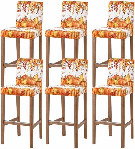 Burnt Orange Fall Bar Stool Cover Set of 4, Stretch Removable Bar Stool Chair Covers with Backs Pub Counter Stool Chair Slipcover for Dining Room Cafe Watercolor Maple Leaf Pumpkins Thanksgiving in Saudi Arabia