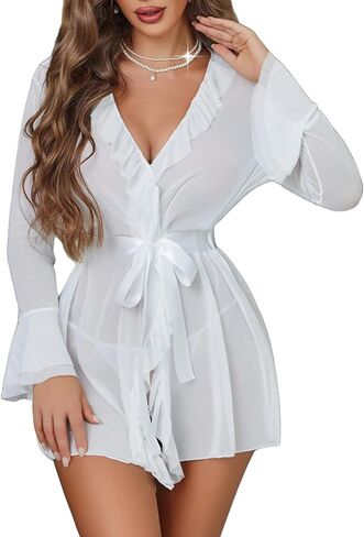 Avidlove Mesh Lingerie Robe Sets for Women Sexy Nightgown Long Sleeve Kimono Ruffle Nighty With Thong in Saudi Arabia