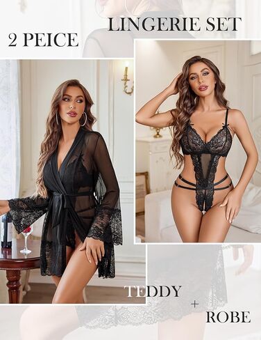 Avidlove Sexy Womens Lingerie Set 2 Piece Lace Teddy with Robe Mesh Bodysuit Nightgown in Saudi Arabia