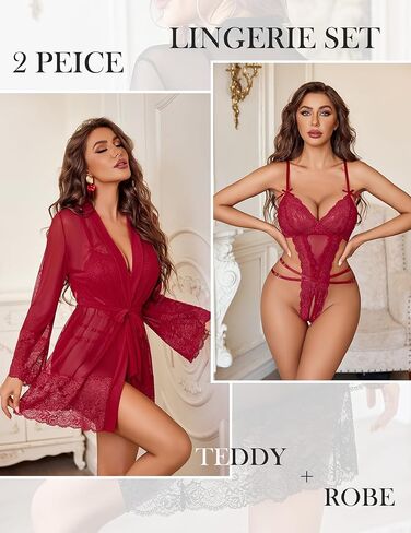 Avidlove Sexy Womens Lingerie Set 2 Piece Lace Teddy with Robe Mesh Bodysuit Nightgown in Saudi Arabia