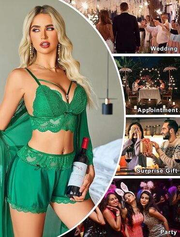 Avidlove طقم بيجامات نسائي مثير مكون من 3 قطع ملابس نوم من الدانتيل كامي ملابس نوم وحرير ساتان Pjs مع رداء كيمونو شبكي in Kuwait