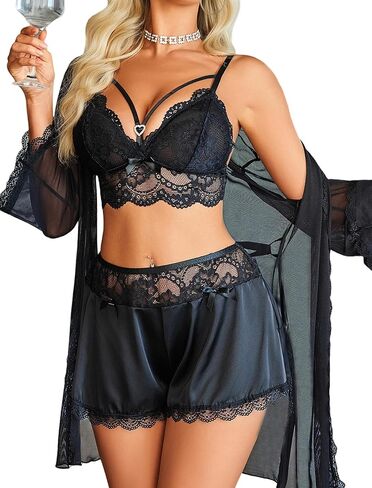 Avidlove طقم بيجامات نسائي مثير مكون من 3 قطع ملابس نوم من الدانتيل كامي ملابس نوم وحرير ساتان Pjs مع رداء كيمونو شبكي in Kuwait