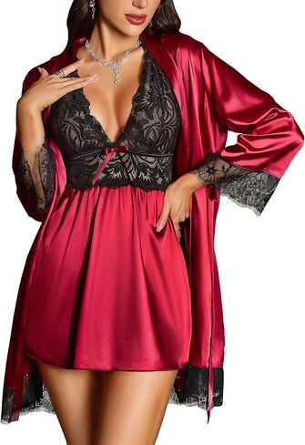 RSLOVE Women’s Satin Lace Lingerie Set – 2-Piece Babydoll Nightgown & Kimono Robe, Sexy Strap Chemise Bride Comfy Sleepwear in Saudi Arabia