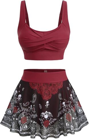روز غال حجم كبير الجماجم القوطية 2 قطعة المايوه للنساء القوطي قطعتين مجموعة Tankini عبر تويست مبطن لباس سباحة in Kuwait