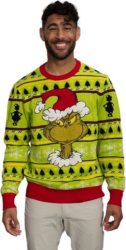 Junk Food Grinch Head Santa Hat Wreath Snowflakes Ugly Christmas Sweater - Unisex, Lime Green Or Vibrant Red, Sizes XS-5XL in Saudi Arabia