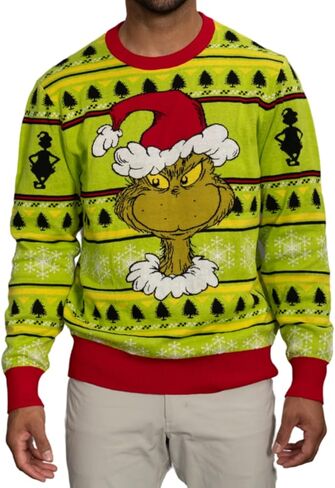 Junk Food Grinch Head Santa Hat Wreath Snowflakes Ugly Christmas Sweater - Unisex, Lime Green Or Vibrant Red, Sizes XS-5XL in Saudi Arabia