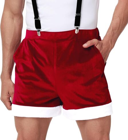Christmas Mens Red Suspender Shorts Xmas Elastic Waist Shorts with Pockets in Kuwait