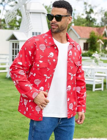Bindefon Christmas Jean Jacket Men Trucker Unlined Coats Xmas Printed Tops Stocking Stuffers for Man in Saudi Arabia