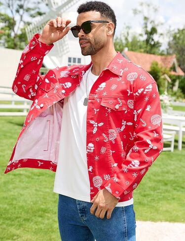 Bindefon Christmas Jean Jacket Men Trucker Unlined Coats Xmas Printed Tops Stocking Stuffers for Man in Saudi Arabia