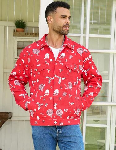 Bindefon Christmas Jean Jacket Men Trucker Unlined Coats Xmas Printed Tops Stocking Stuffers for Man in Saudi Arabia