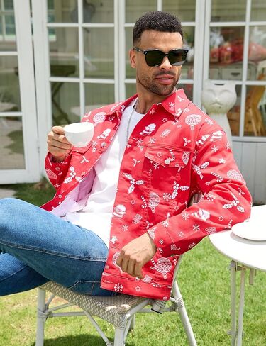 Bindefon Christmas Jean Jacket Men Trucker Unlined Coats Xmas Printed Tops Stocking Stuffers for Man in Saudi Arabia