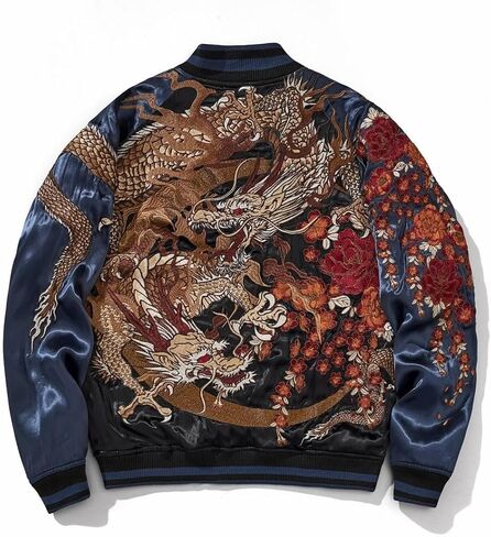 Dragon Floral Embroidery Bomber Jacket Japanese Style Hip Hop Men's Streetwear Vintage Windbreaker Causal Coat in Kuwait
