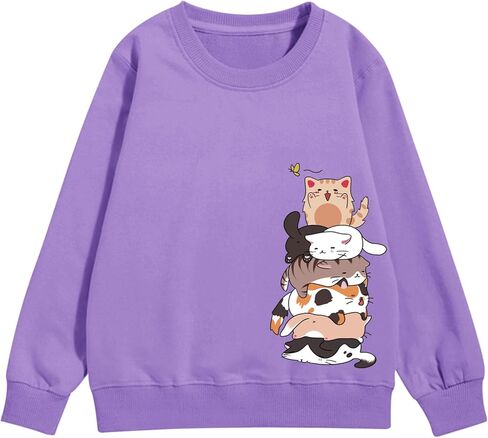 Tuislay Cute Cat Graphic Sweatshirt for Girls Kawaii Cartoon Sweatshirts Kids Anime Printed Tops Long Sleeve Shirts Pullover in Saudi Arabia
