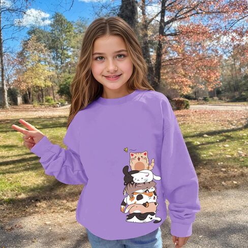 Tuislay Cute Cat Graphic Sweatshirt for Girls Kawaii Cartoon Sweatshirts Kids Anime Printed Tops Long Sleeve Shirts Pullover in Saudi Arabia