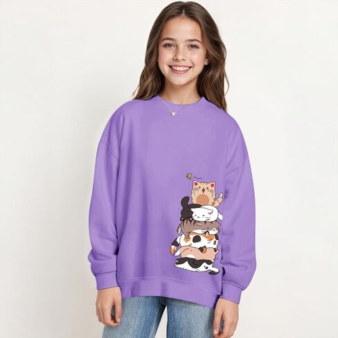 Tuislay Cute Cat Graphic Sweatshirt for Girls Kawaii Cartoon Sweatshirts Kids Anime Printed Tops Long Sleeve Shirts Pullover in Saudi Arabia