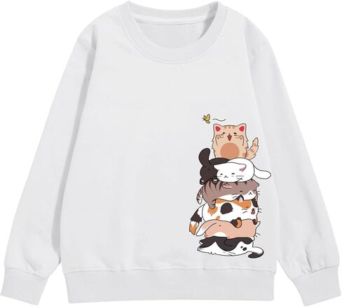 Tuislay Cute Cat Graphic Sweatshirt for Girls Kawaii Cartoon Sweatshirts Kids Anime Printed Tops Long Sleeve Shirts Pullover in Saudi Arabia