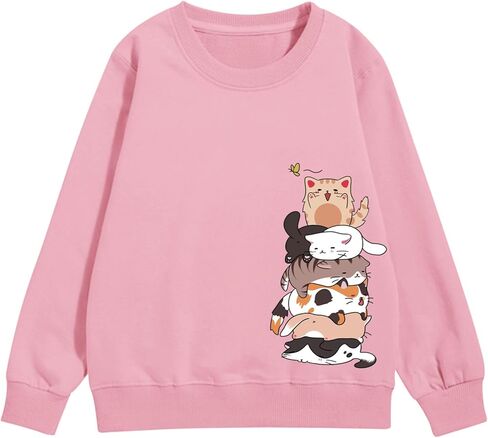 Tuislay Cute Cat Graphic Sweatshirt for Girls Kawaii Cartoon Sweatshirts Kids Anime Printed Tops Long Sleeve Shirts Pullover in Saudi Arabia